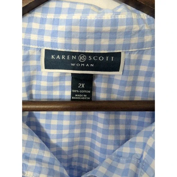Karen Scott Blue White Gingham Button Down Shirt 3/4 Sleeve Cotton Top Blouse 2X - Picture 3 of 7